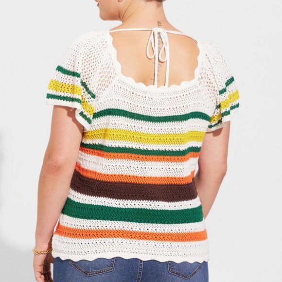 Torrid - Pullover Square Neck Flutter Sleeve Sweater in White with Multi Stripes - Picture 11 of 13